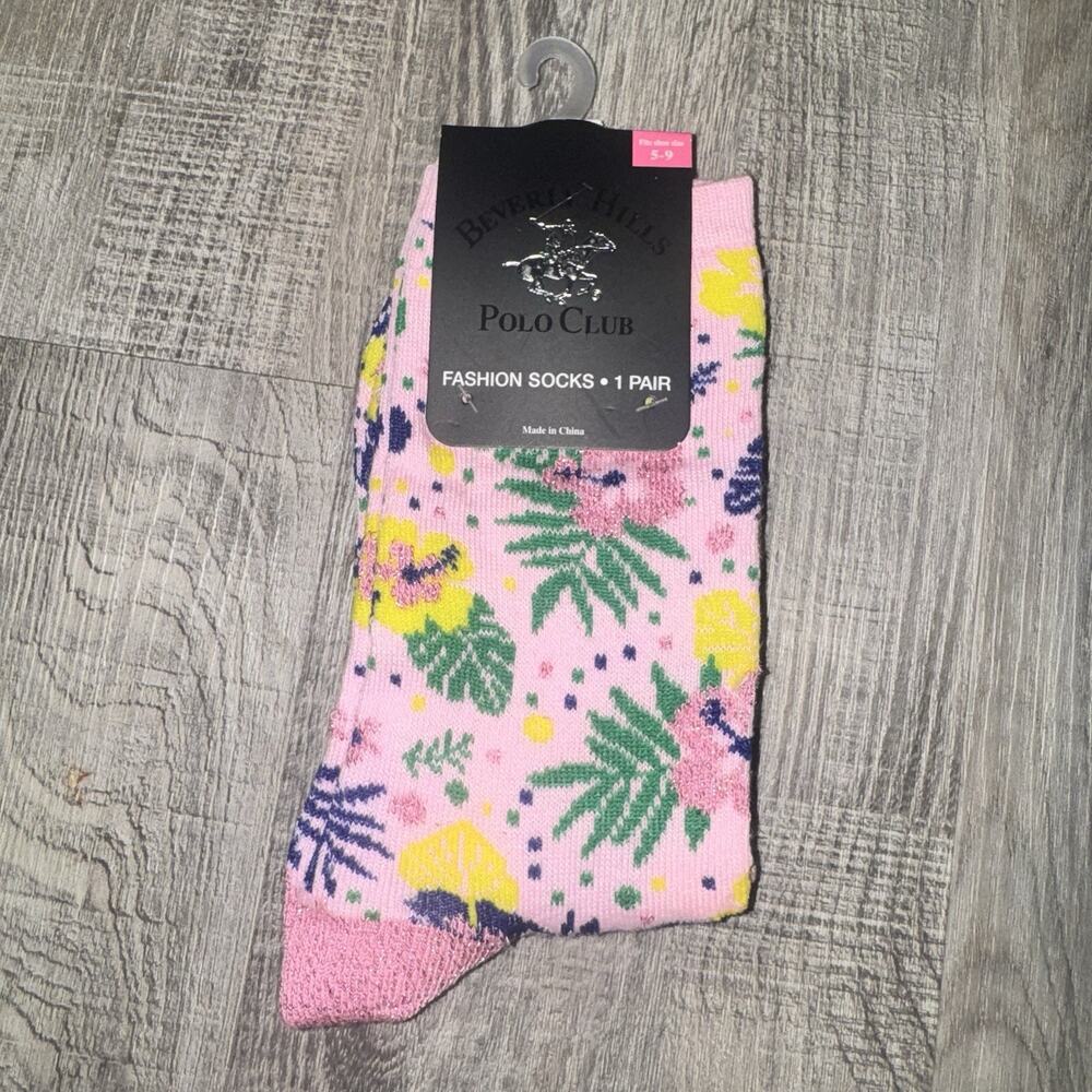 Beverly Hills Polo Club Womens Pink Floral Crew Socks Shoe Size 5-9 NWT